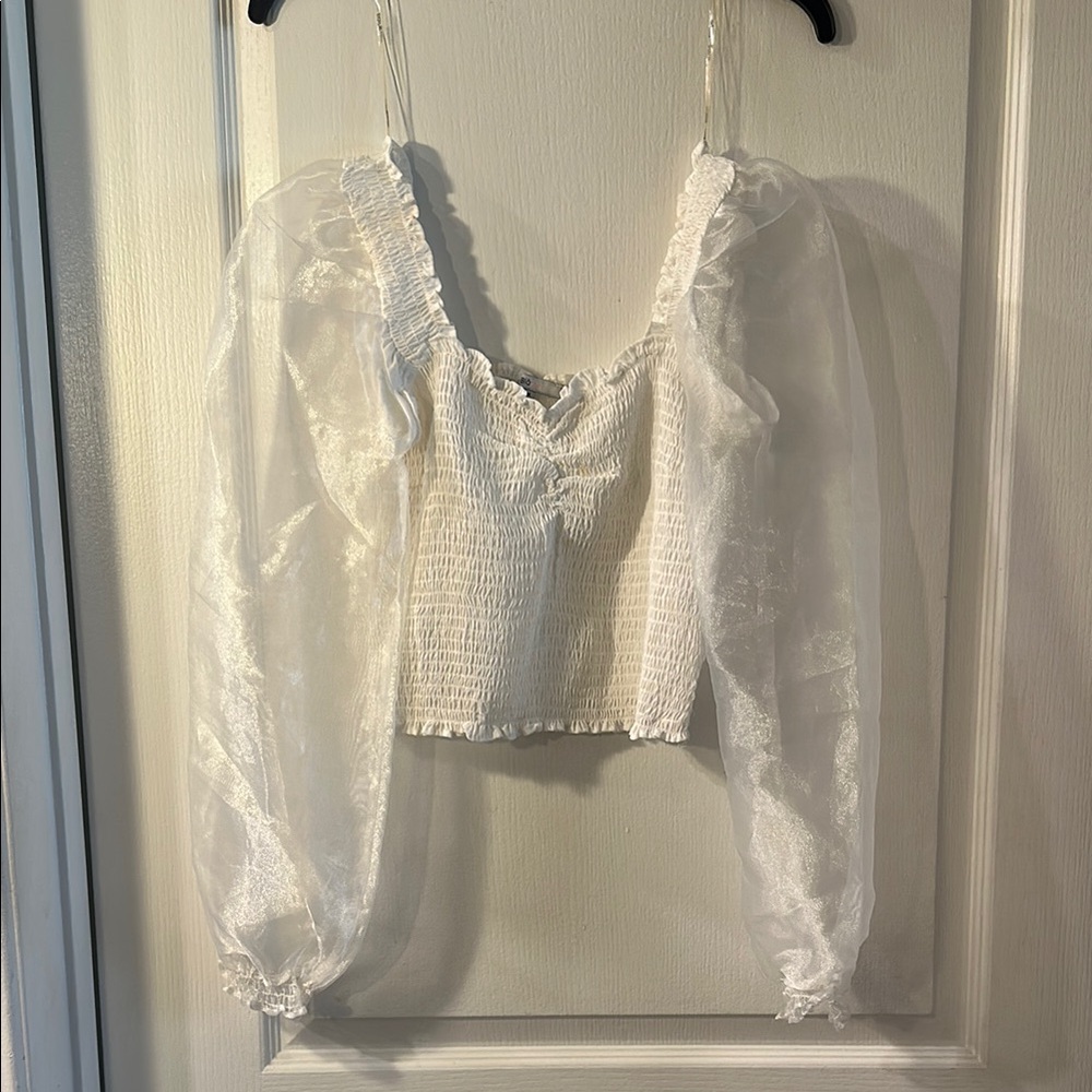 White Ruffled Smocked Long Sleeve Crop Blouse